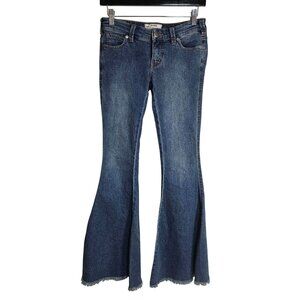 Boho Free People Flare Jeans With Frayed Hem Womens W25 Short Dark Wash Denim